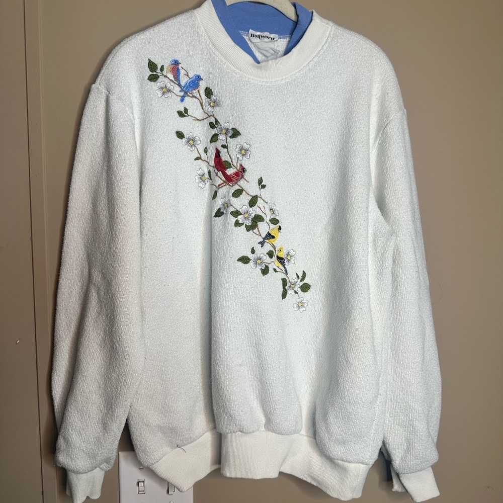 BonWorth White Sweater with Colorful Bird Embroidery